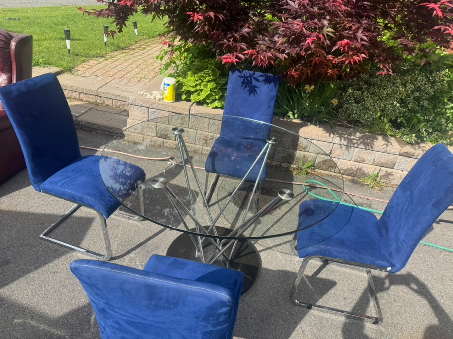 Glass Top Dining Table with 4 Blue Suede Chairs - photo 4