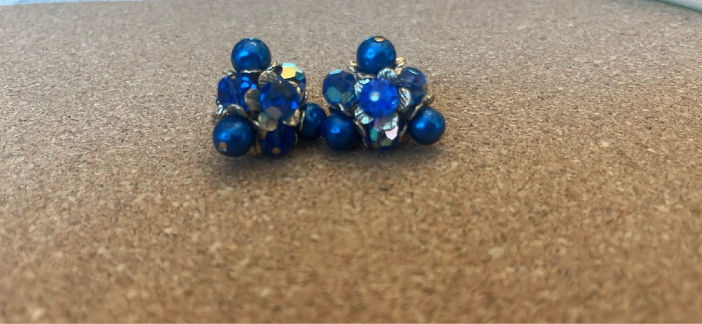 Blue Beaded & Rhinestone Clip-On Earrings