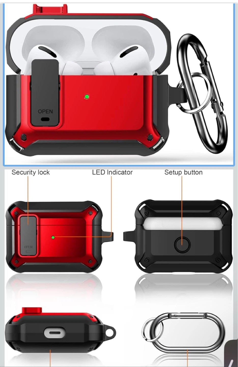 Red and Black Protective Case with Carabiner for AirPods Pro