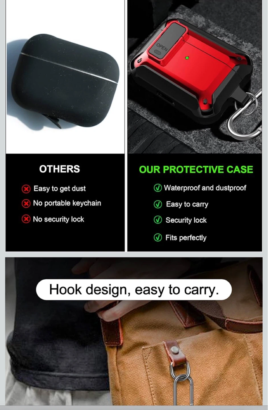 Red and Black Protective Case with Carabiner for AirPods Pro - photo 2