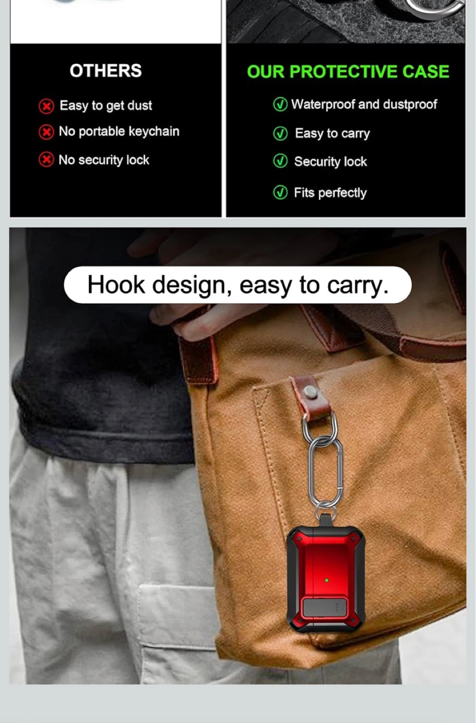 Red and Black Protective Case with Carabiner for AirPods Pro - photo 5