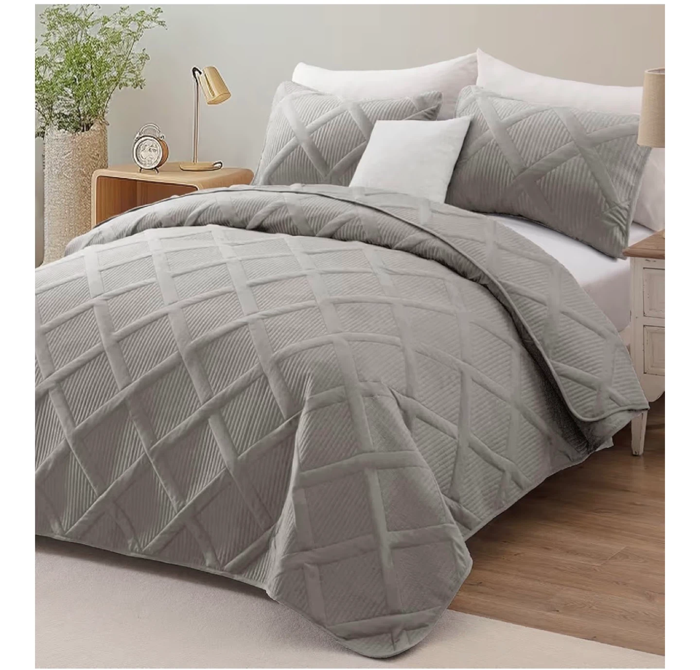 Grey Diamond Quilted Bedspread Set - photo 2