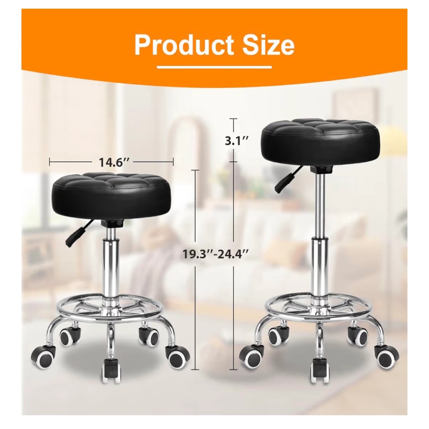 Rolling Stool Chair - Black, Adjustable Height - photo 2