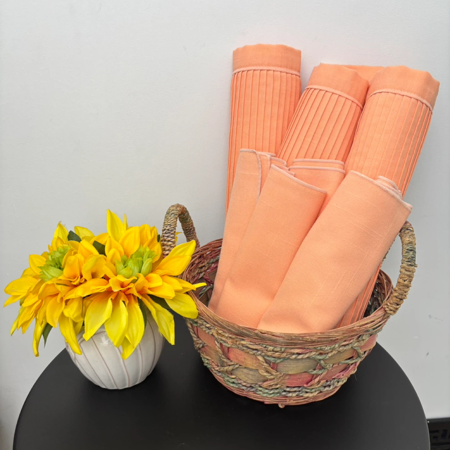 Vintage Wicker Basket, Placemats, Fabric Napkins