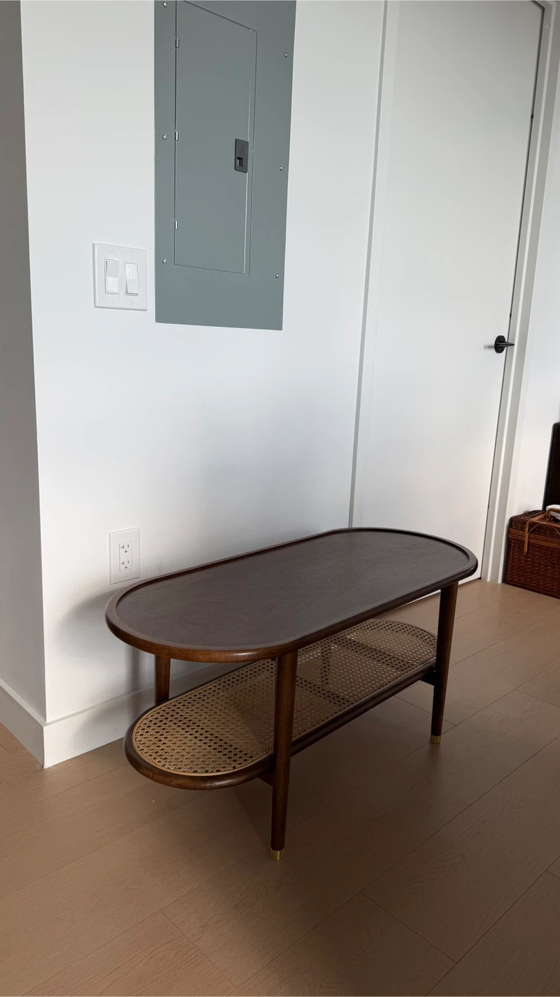 Oval Coffee Table with Rattan Cane Shelf