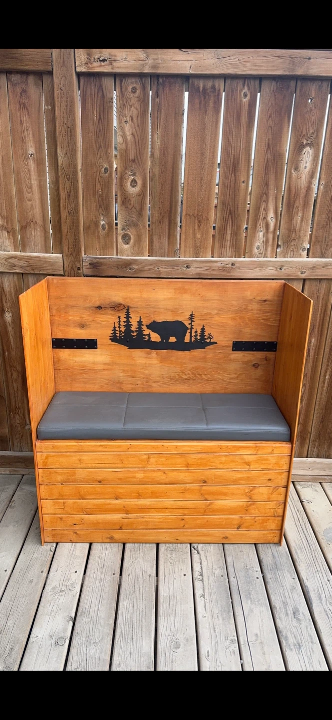 Wooden Storage Bench with Bear Silhouette