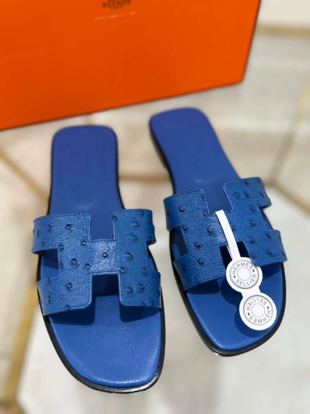 Hermes Blue Ostrich Leather H Sandals Slides - photo 5