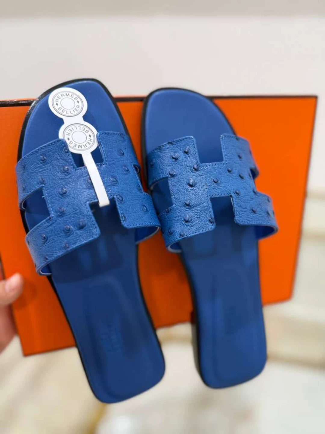 Hermes Blue Ostrich Leather H Sandals Slides - photo 3