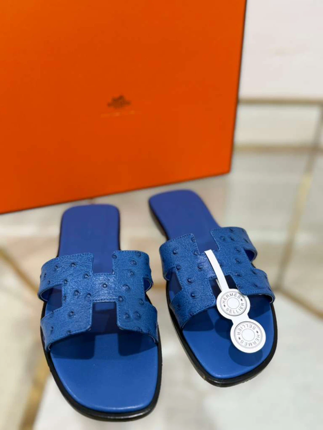 Hermes Blue Ostrich Leather H Sandals Slides - photo 2