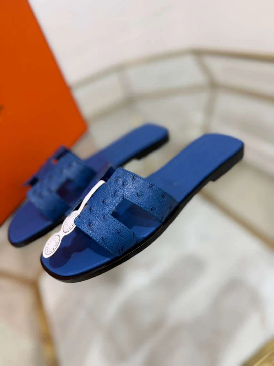 Hermes Blue Ostrich Leather H Sandals Slides
