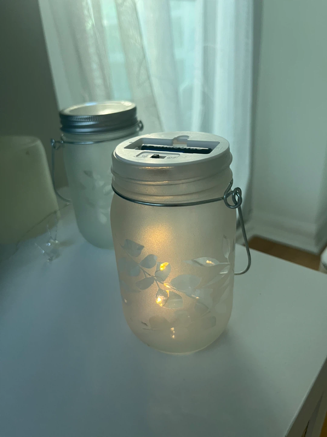 A pair of Frosted Glass Mason Jar Lantern with LED Lights - photo 2