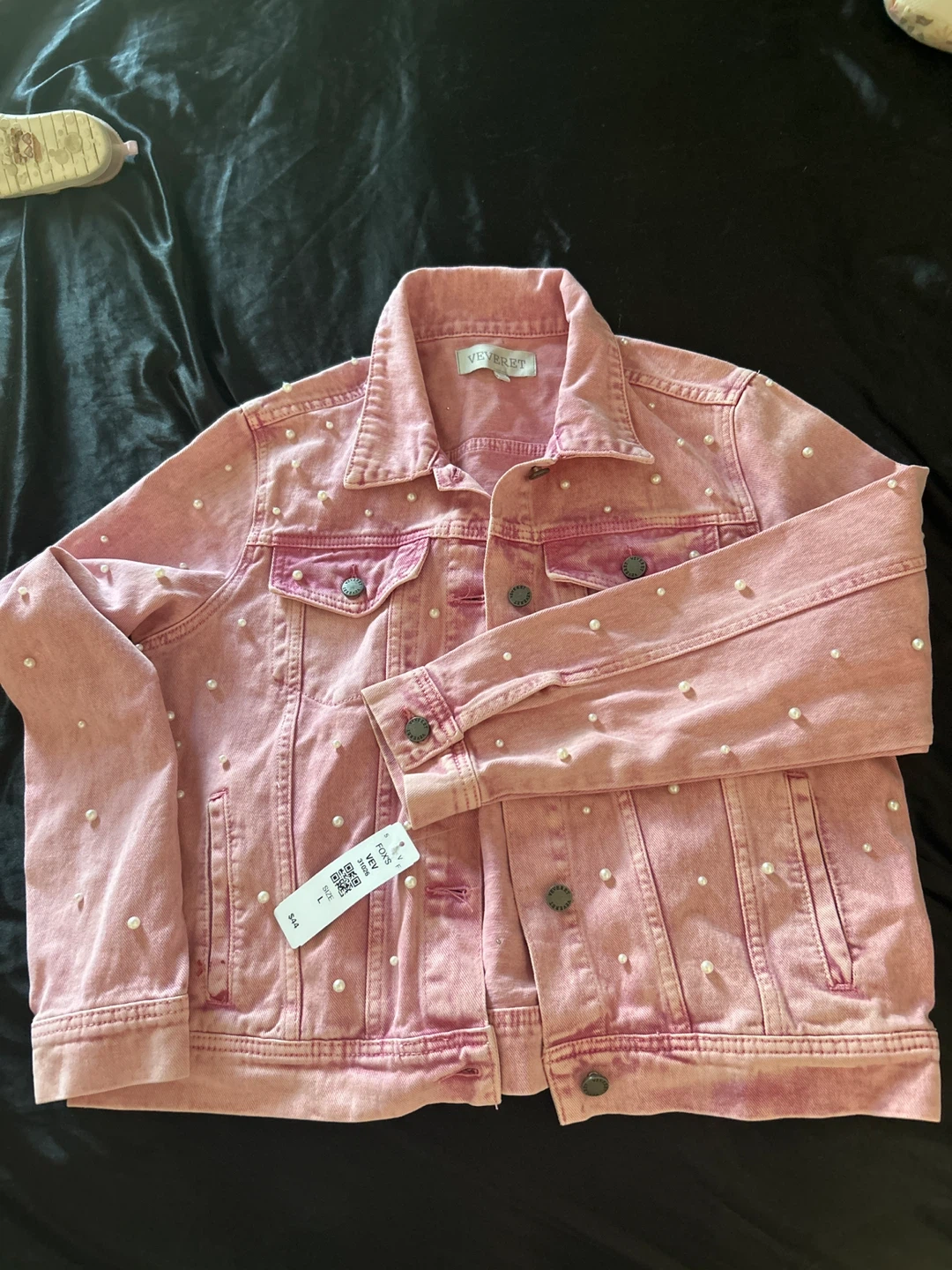 Veveret Pink Pearl Embellished Denim Jacket - Size L