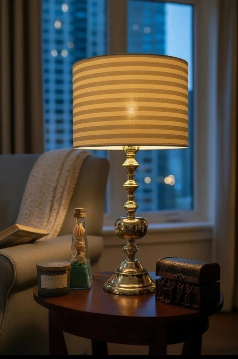 Brass Table Lamp with Striped Shade