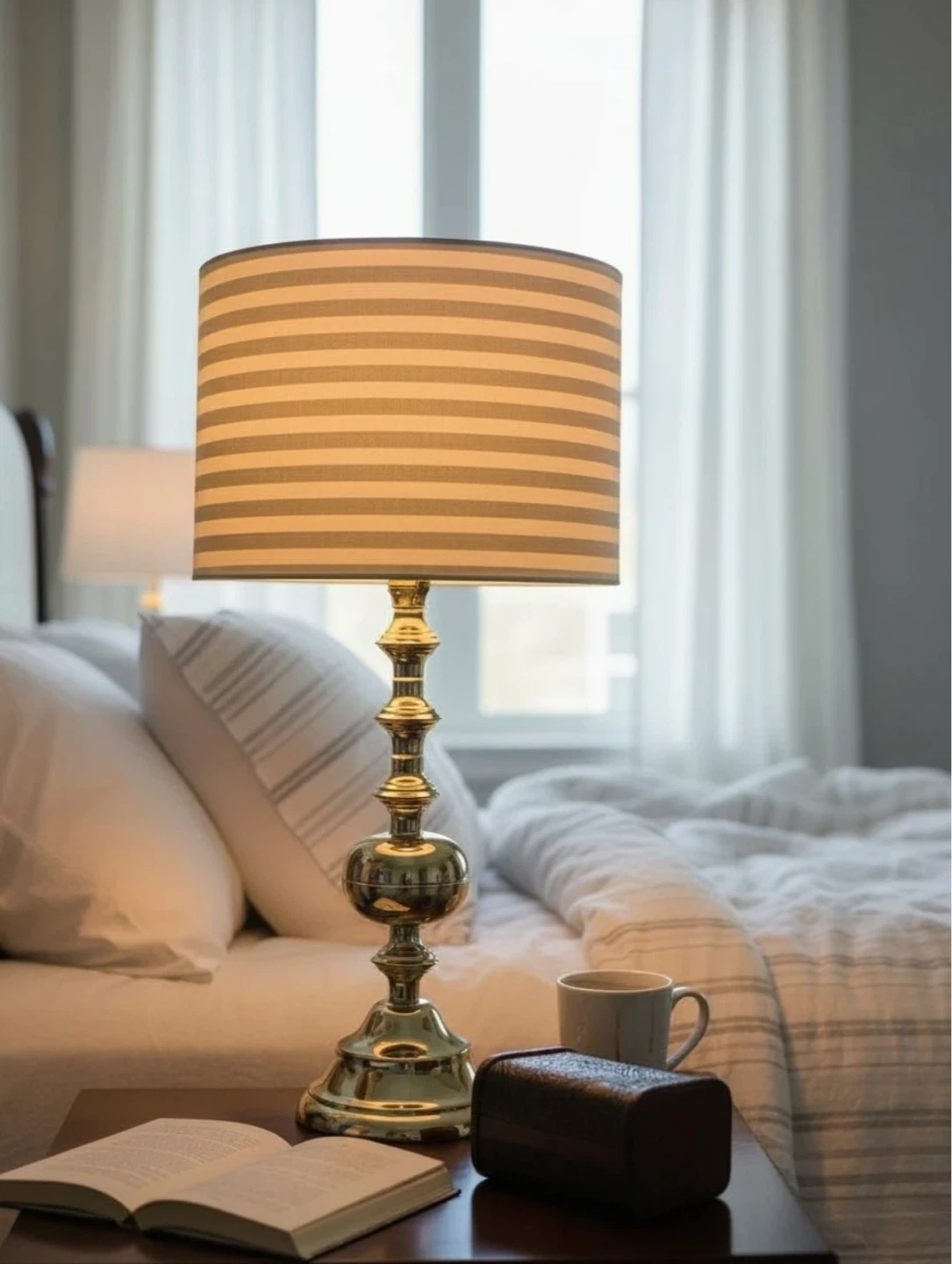 Brass Table Lamp with Striped Shade - photo 2