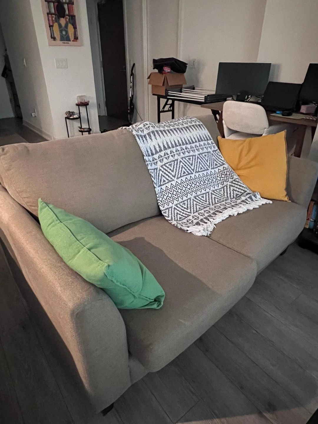 Brown Sofa with a black and white throw