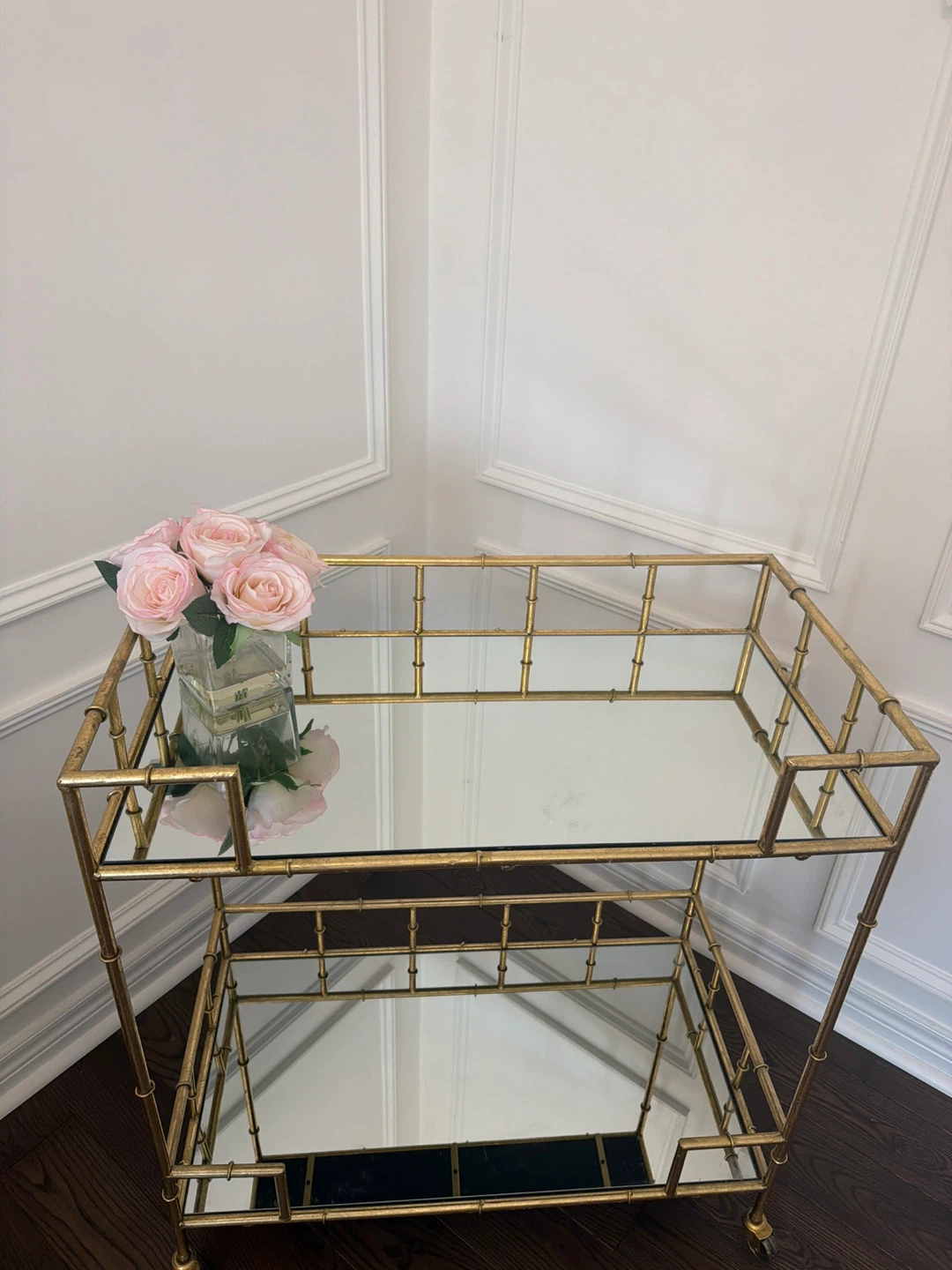Gold Bamboo Style Bar Cart with Mirrored Shelves - photo 3