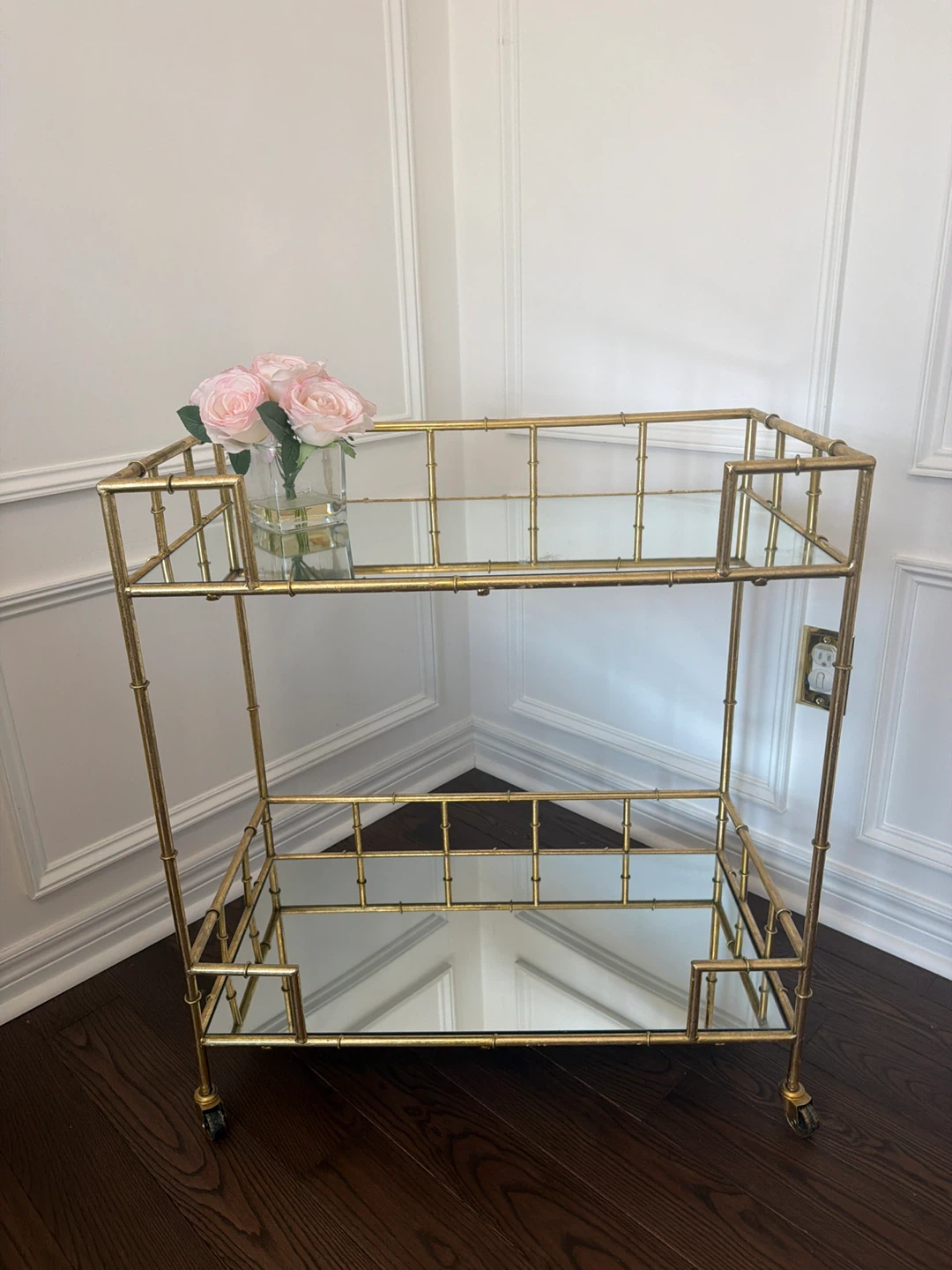Gold Bamboo Style Bar Cart with Mirrored Shelves