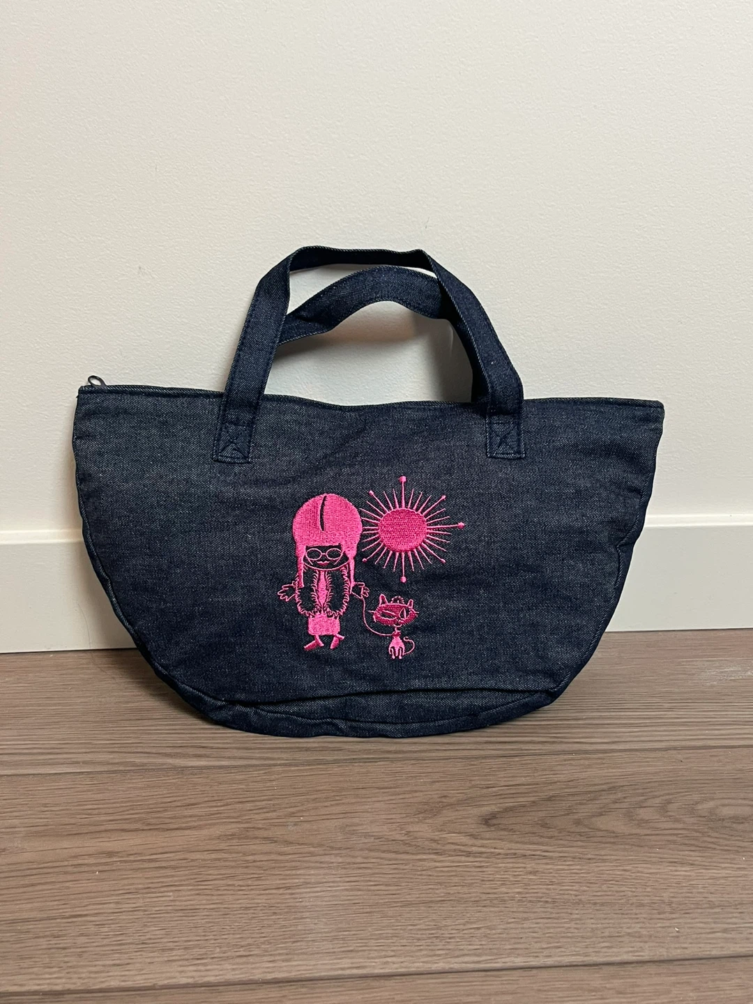 Denim Tote Bag with Embroidered Design