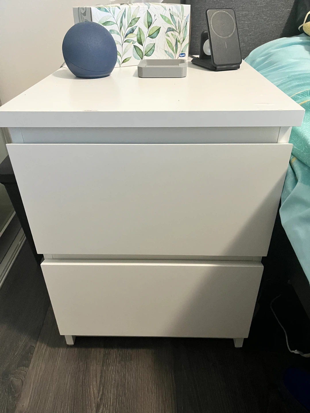 Two white IKEA nightstands