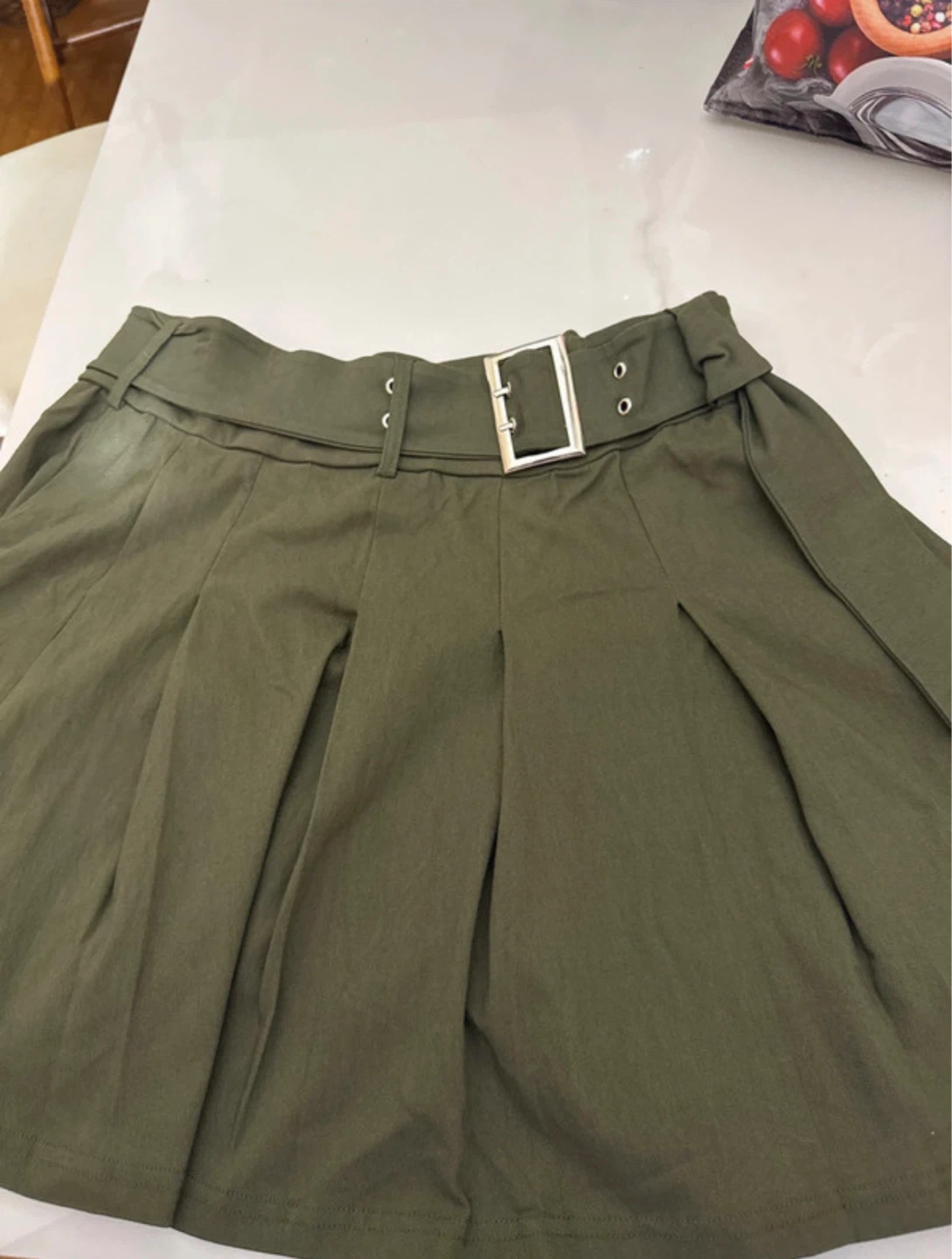 Women's Olive Green Pleated Skirt with Belt