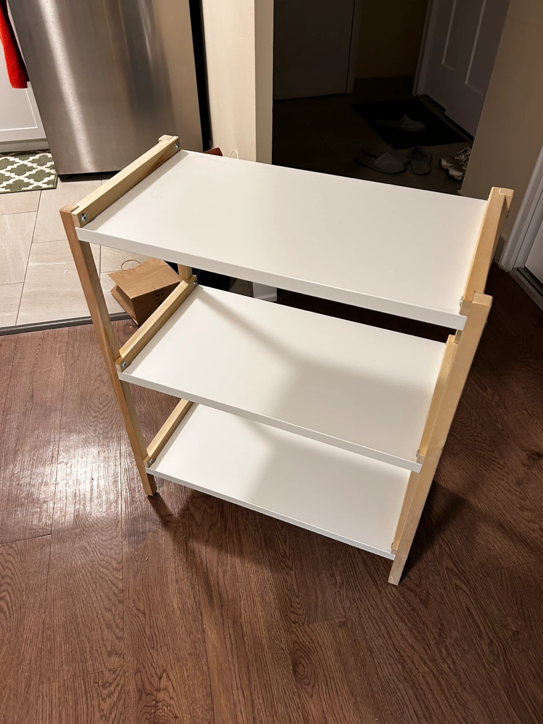 White metal shelves