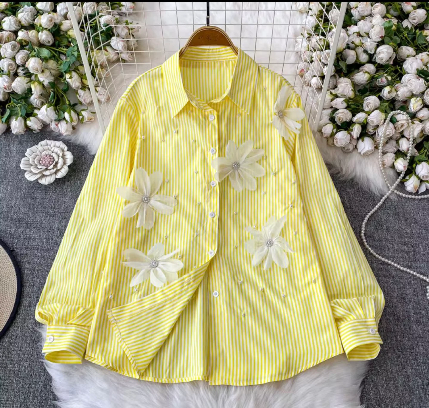 Yellow Striped Shirt with Flower Appliqués