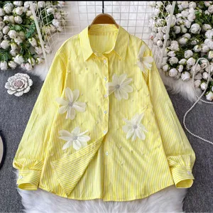 Yellow Striped Shirt with Flower Appliqués