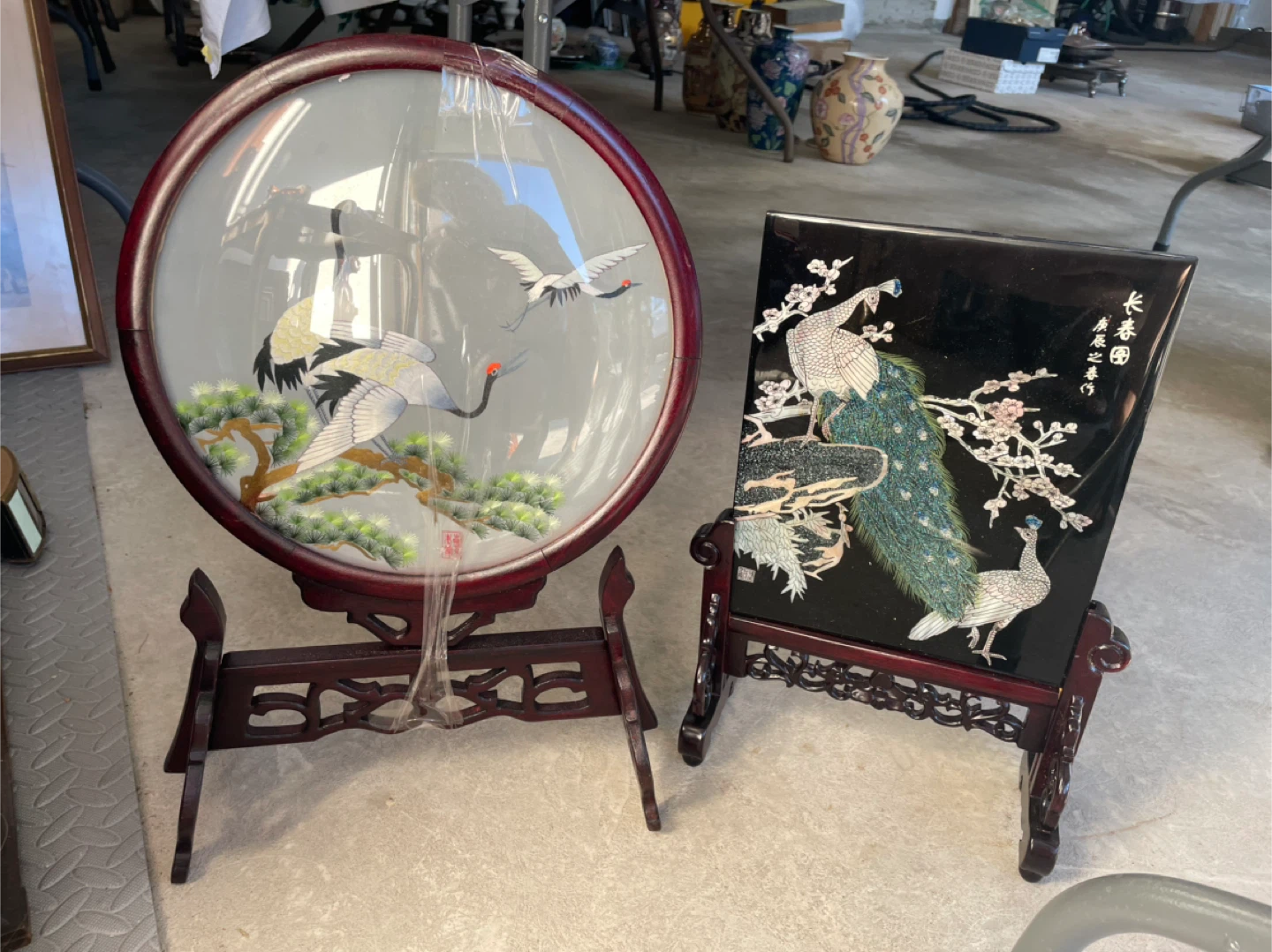 Chinese Silk Embroidery Art Display with Cranes and Peacocks