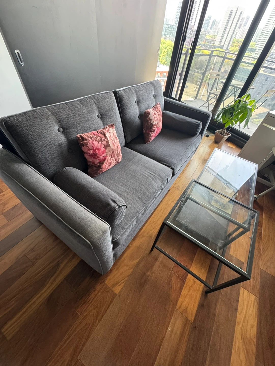 Dark Grey couch + Glass Coffee Table