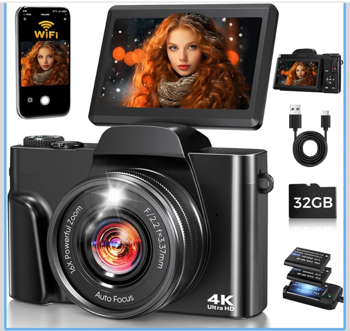 4K Digital Camera with 64MP Autofocus and 16x Zoom