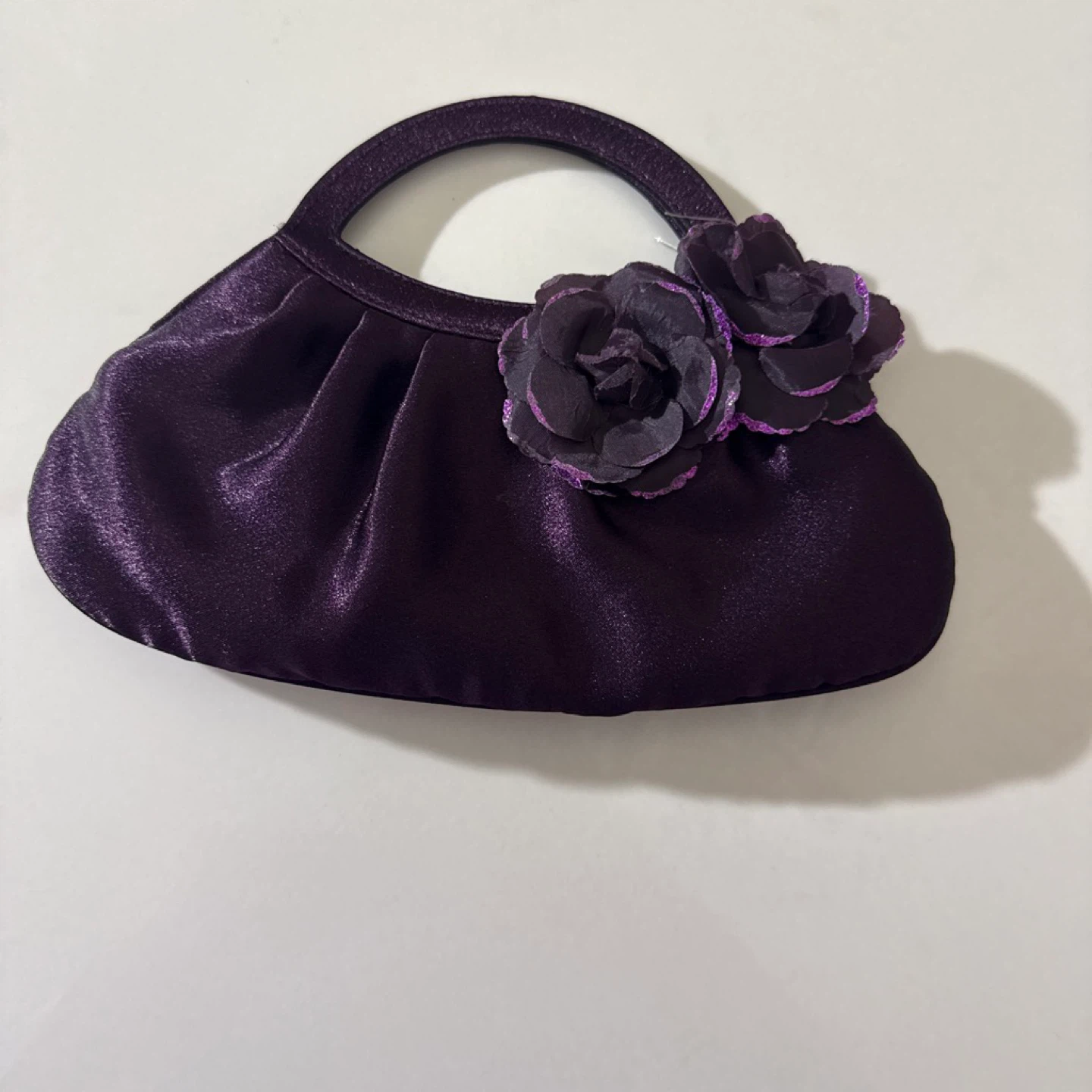 Purple Satin Evening Bag with Floral Embellishment