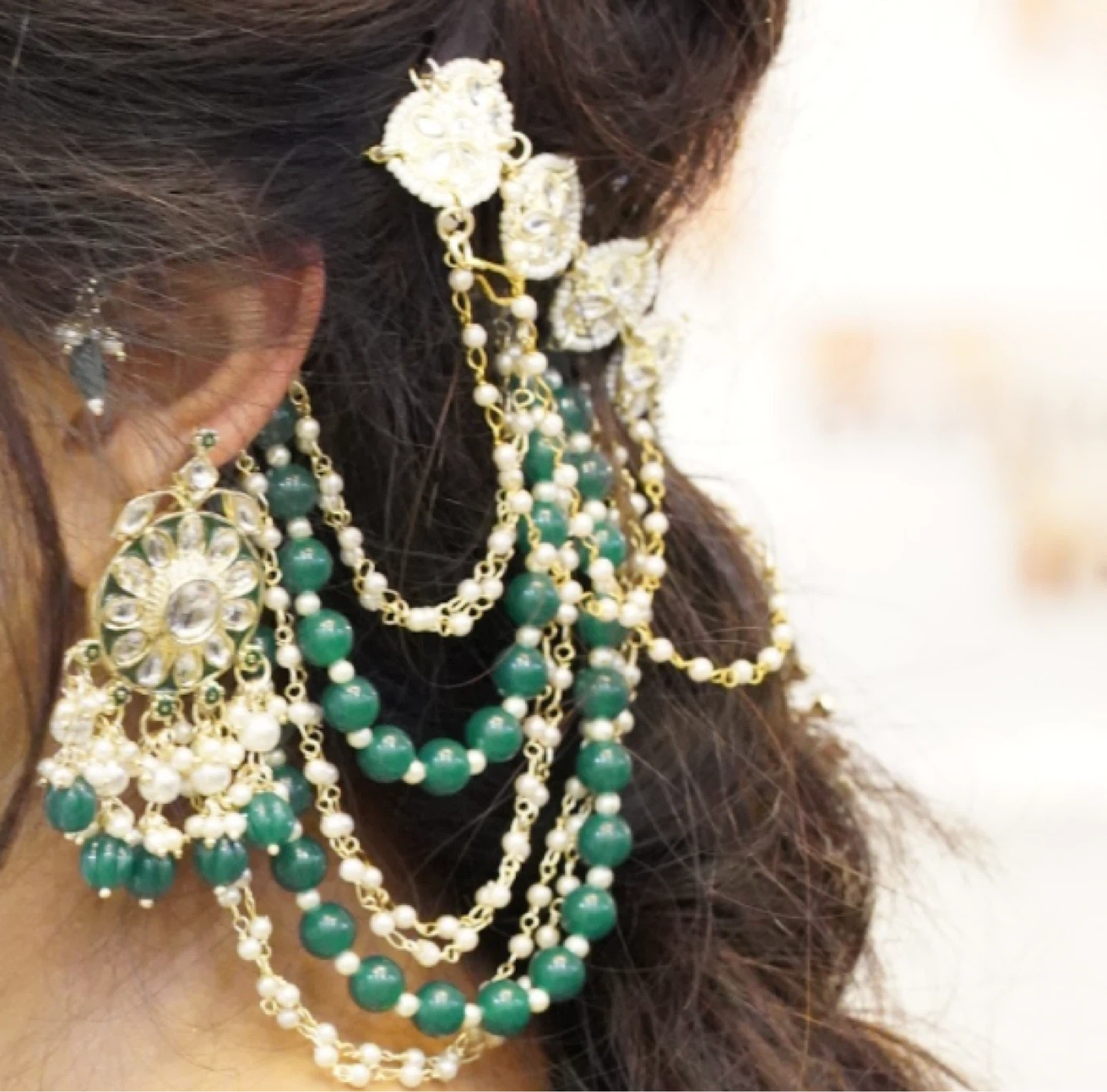 Drape Earrings with Green Pearls
