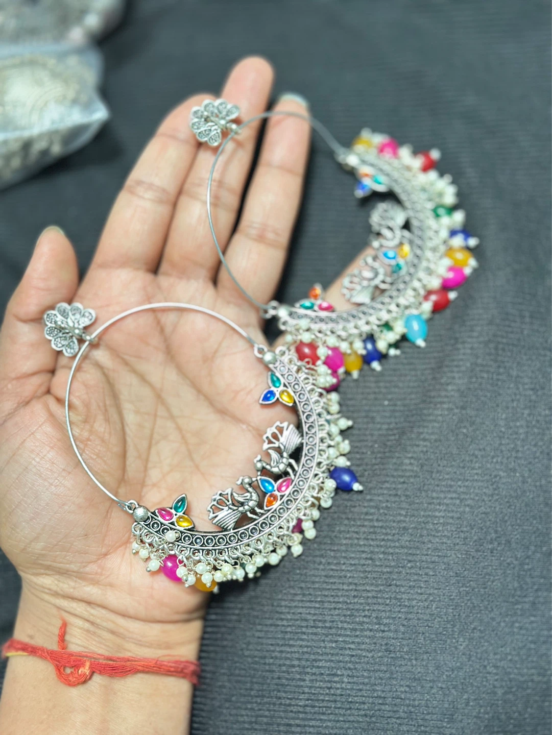 Silver-toned Jhumka Earrings with Multicoloured Beads - photo 2