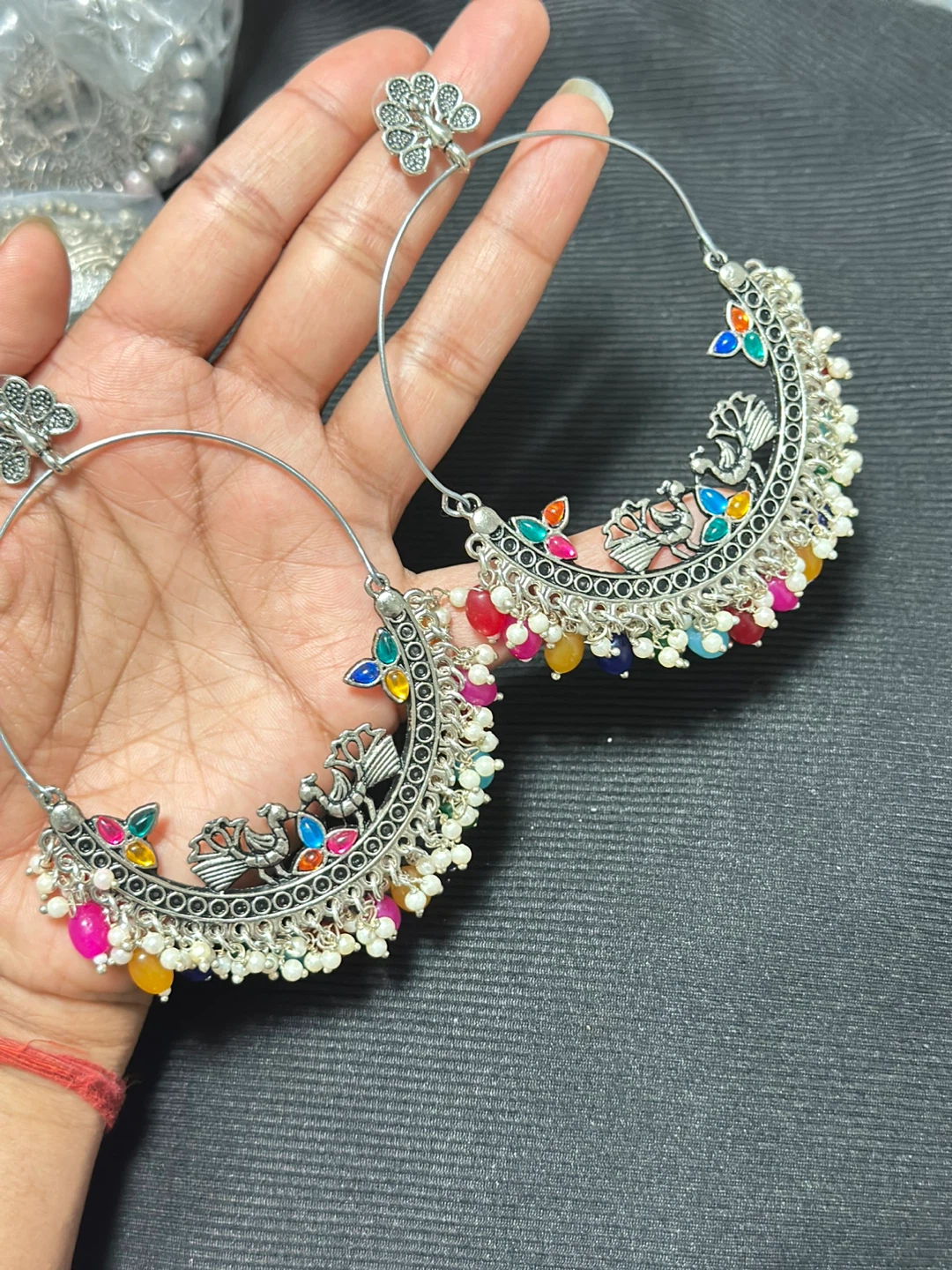 Silver-toned Jhumka Earrings with Multicoloured Beads
