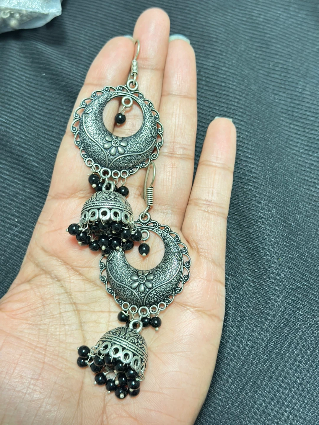 Silver Tone Jhumka Earrings with Black Beads - photo 2