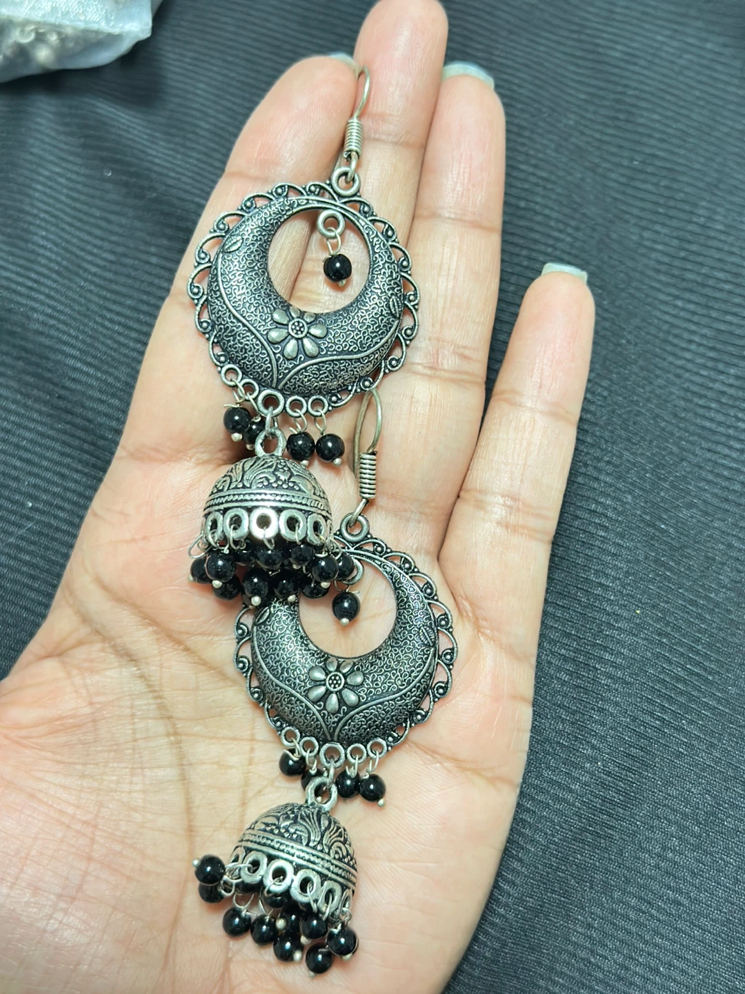 Silver Tone Jhumka Earrings with Black Beads