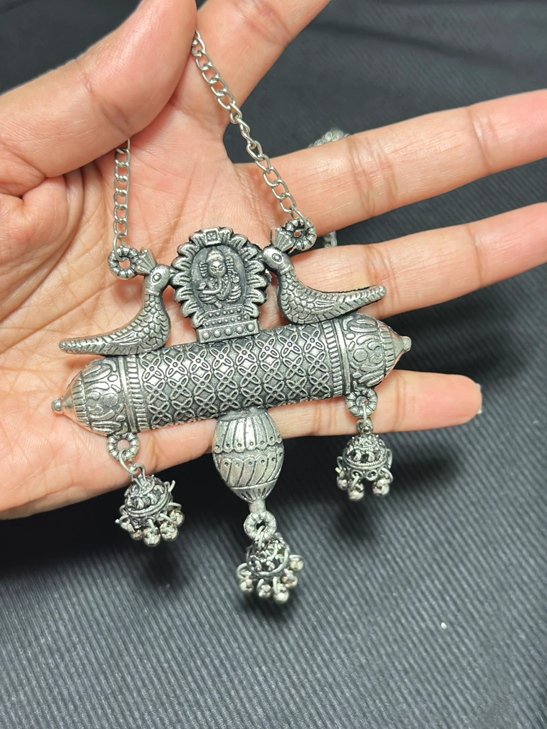 Silver Toned Statement Necklace with Peacock and Bell Charms