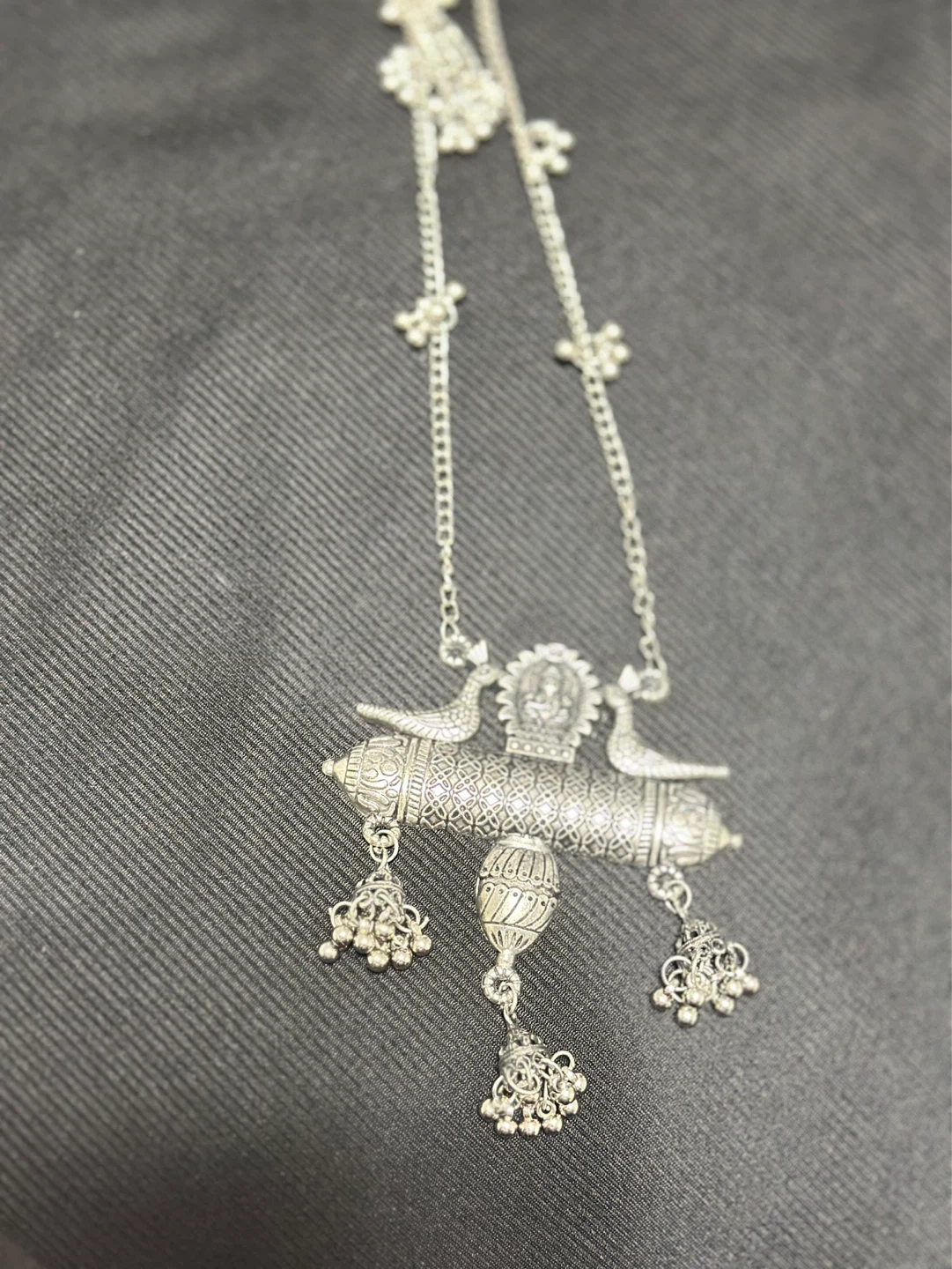 Silver Toned Statement Necklace with Peacock and Bell Charms - photo 2