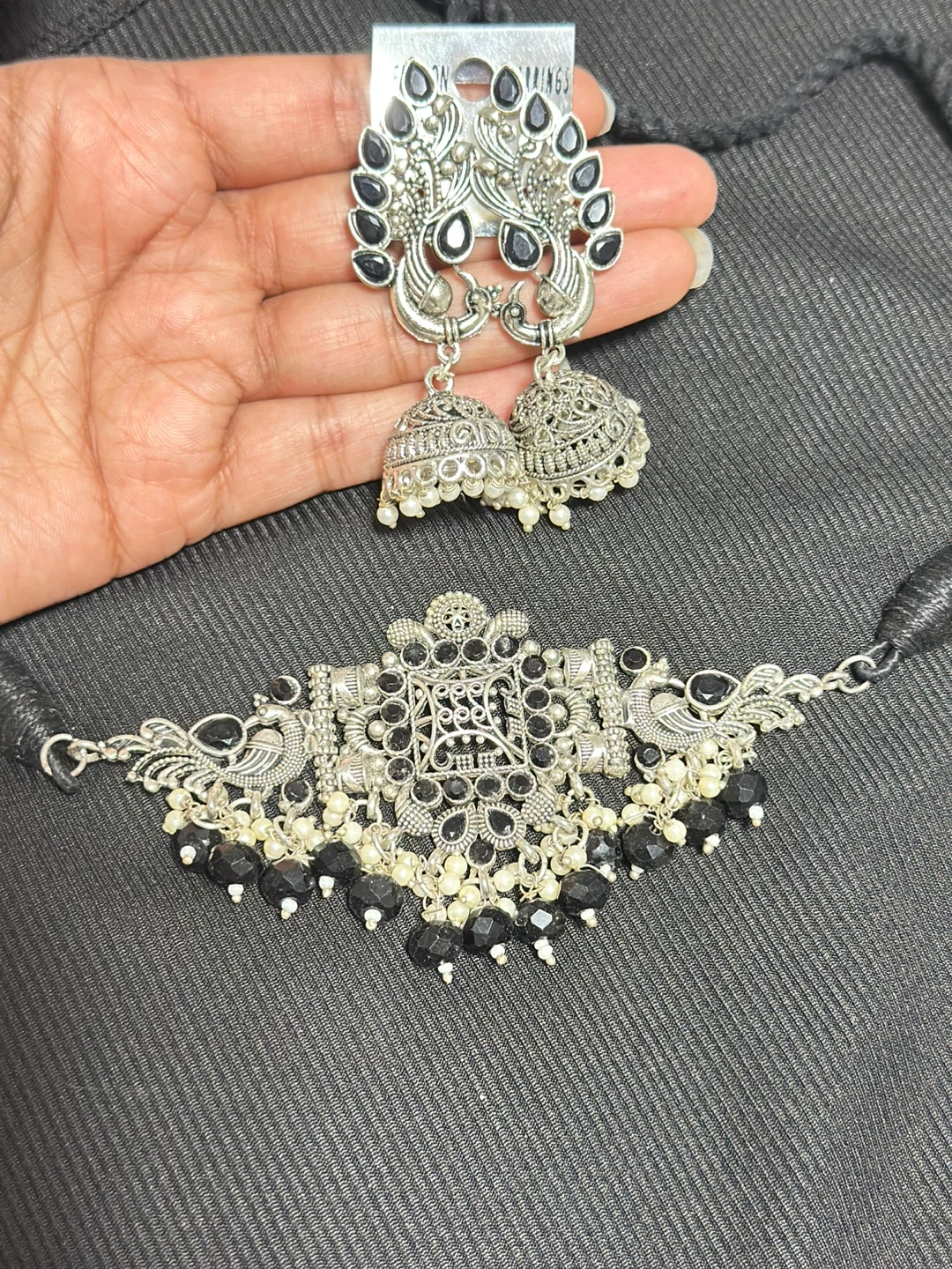 Indian Oxidized Silver Black Stone Choker Necklace & Earring Set
