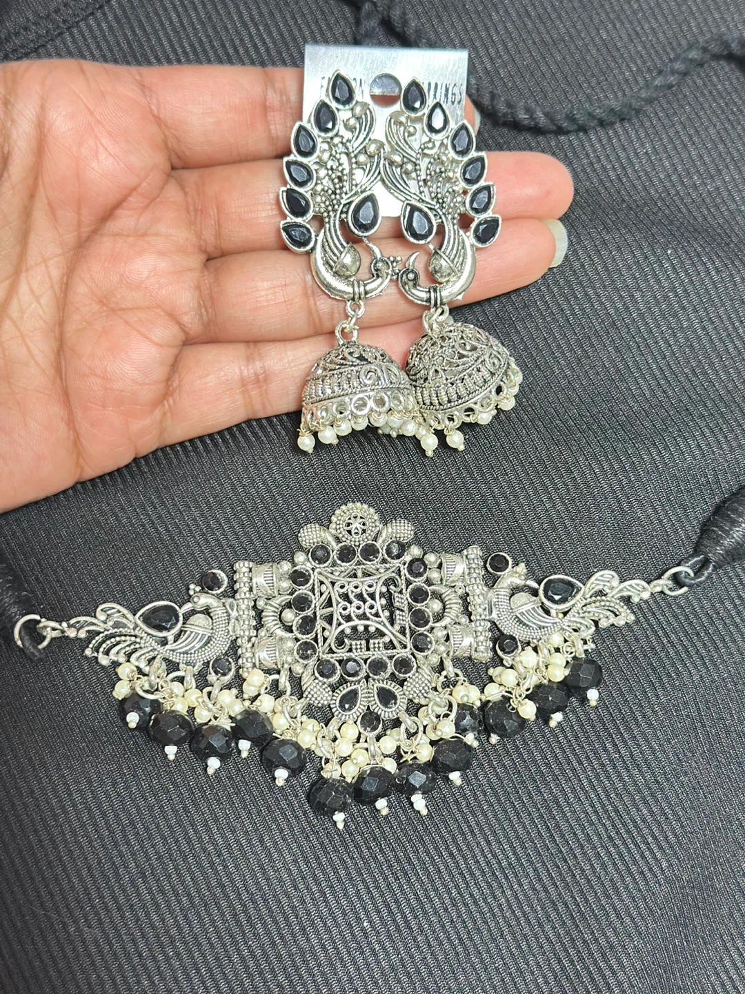 Indian Oxidized Silver Black Stone Choker Necklace & Earring Set - photo 2