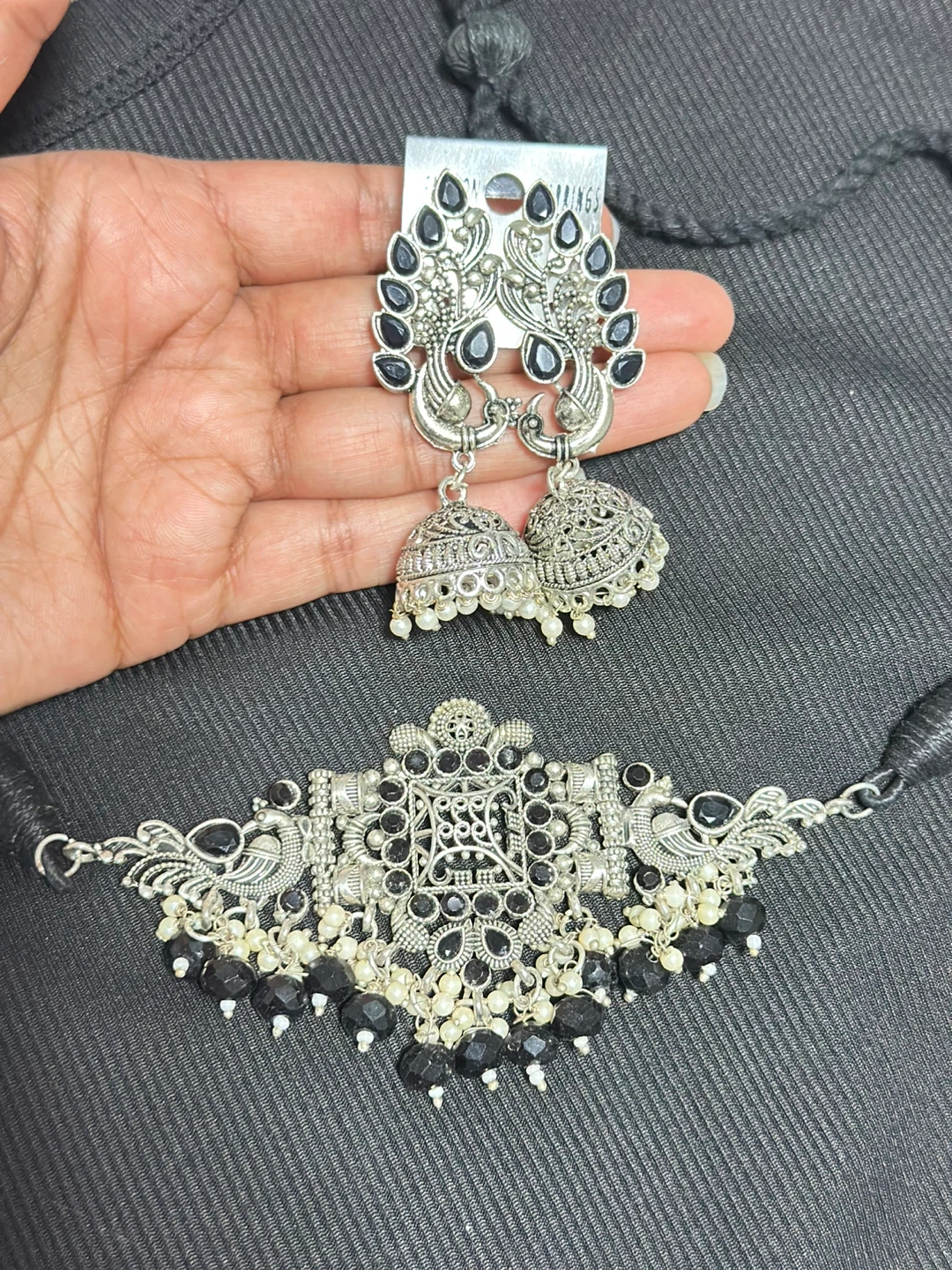 Indian Oxidized Silver Black Stone Choker Necklace & Earring Set - photo 3