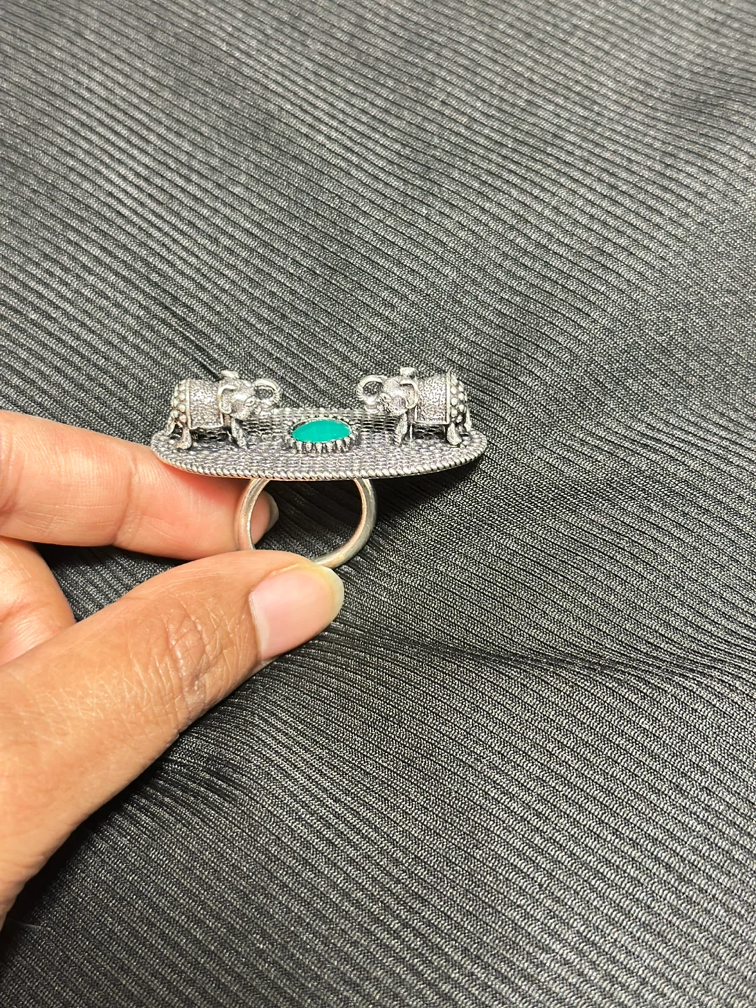 Silver Elephant Ring with Green Stone