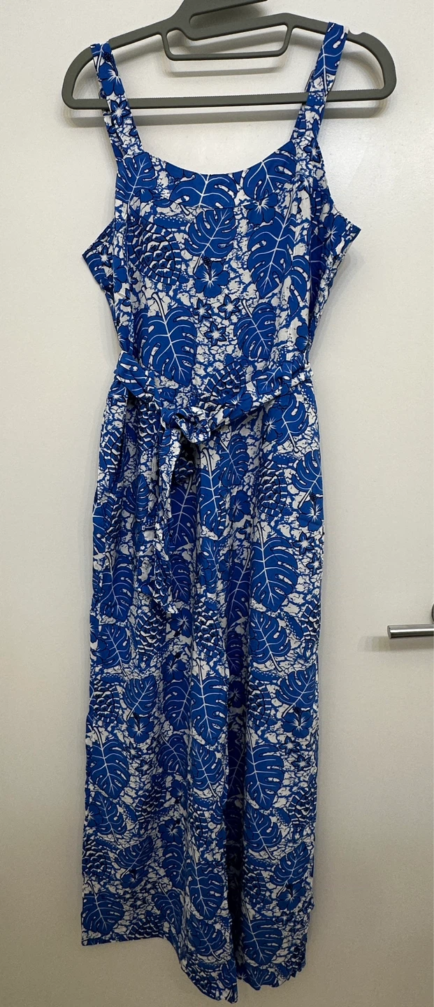 Blue White Leaf Print Jumpsuit
