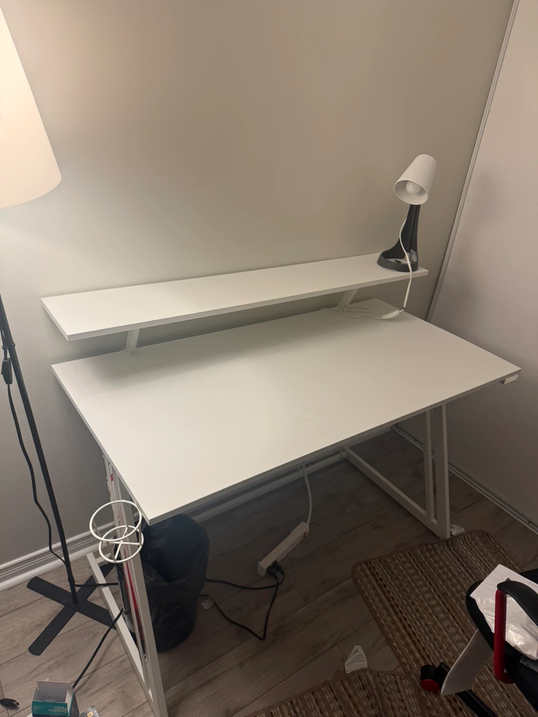 White computer desk with monitor shelf