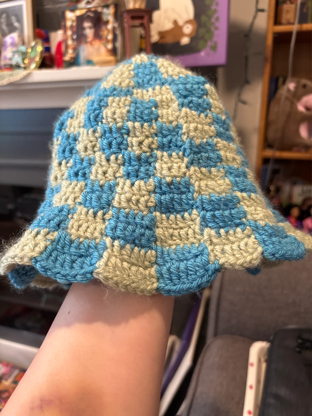 Crocheted Bucket Hat - Blue & Mint Checkered