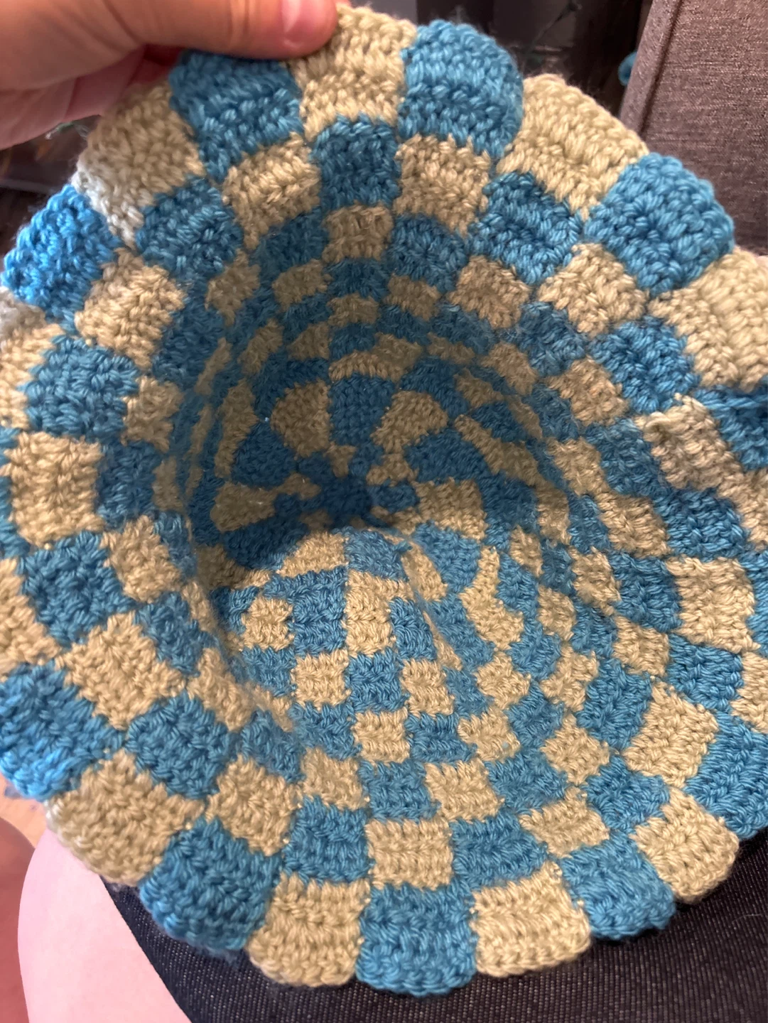 Crocheted Bucket Hat - Blue & Mint Checkered - photo 3