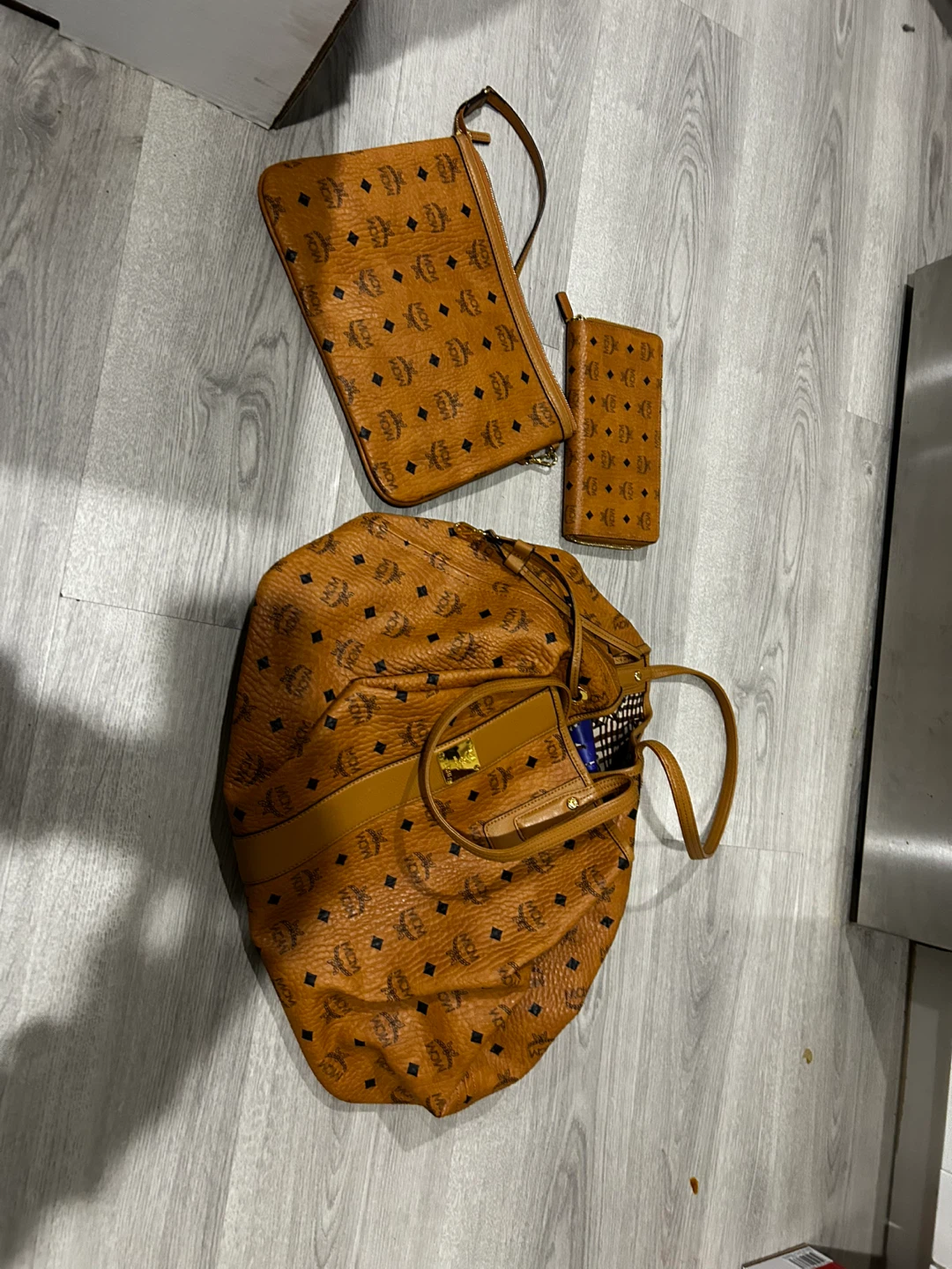 MCM Visetos Leather Tote Bag, Pouch, and Wallet Set