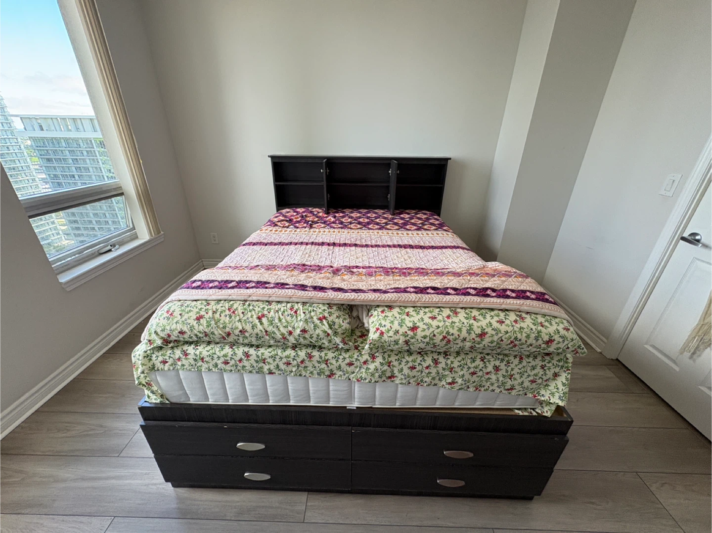 Dark Wood Queen Bed Frame with Storage Headboard and Drawers