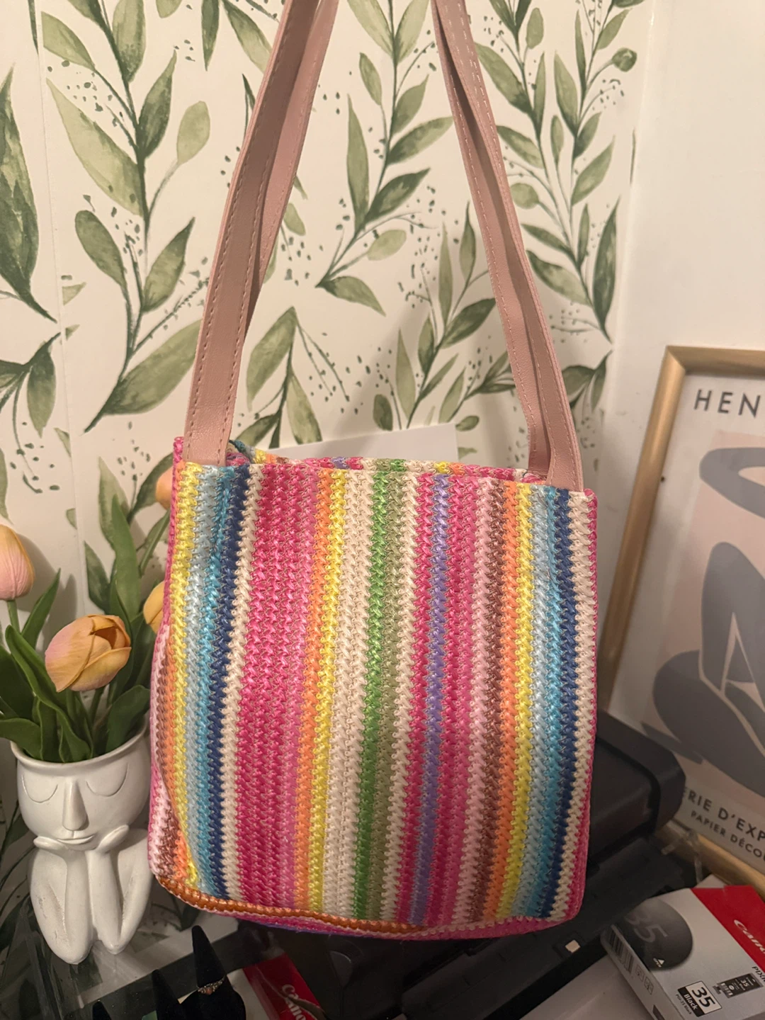 Small Striped Woven Tote Bag