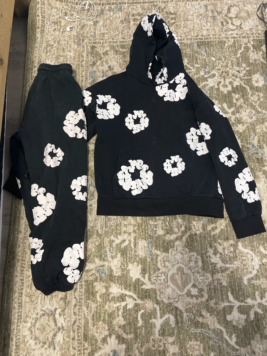 Black Sweatpants and Hoodie Set with White Floral Print